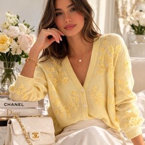 Women's 100% Cashmere Yellow Hand Embroidered Cardigan Sweater M/L